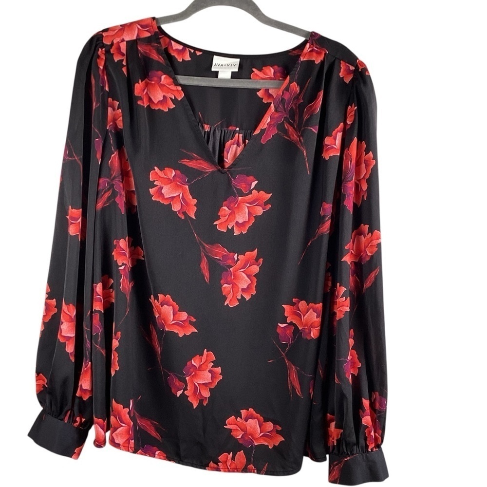 Ava & Viv Womens Top 1X Long Sleeve Blouse Floral Print V-Neck Pullover boho